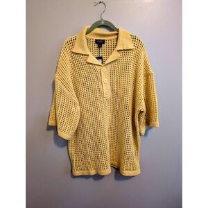 boohooMan Oversized Open Stitch Knit Polo Shirt Yellow Size L NWT